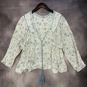 Y2K Free People Shirt Women Size Small White Blue Daisy Boho Peasant Tassel Tie
